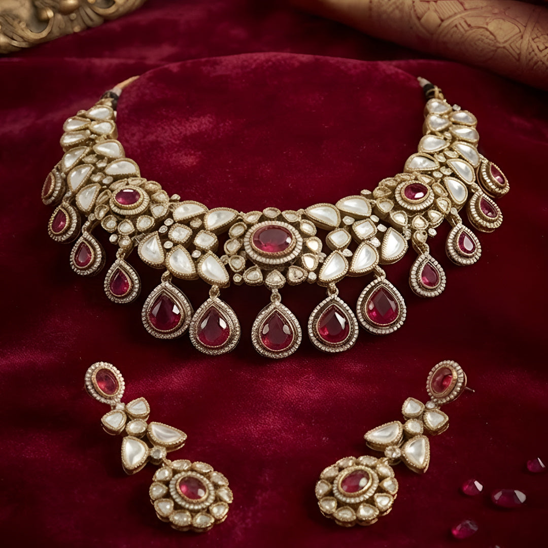 Ruby Red Kundan Bib Choker Set with Drop Earrings
