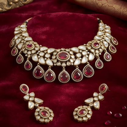 Ruby Red Kundan Bib Choker Set with Drop Earrings