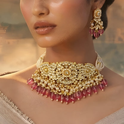 Kundan Pearl Necklace Set with Pink Beads Traditional Bridal Choker & Earrings