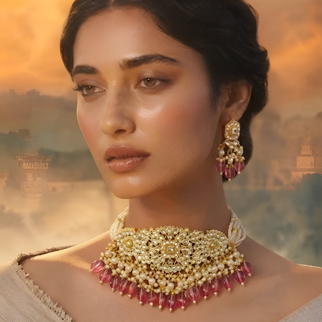 Kundan Pearl Necklace Set with Pink Beads Traditional Bridal Choker & Earrings