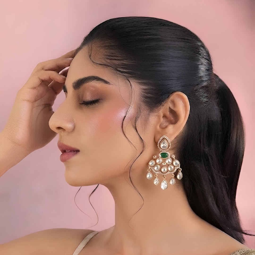 Polki Diamond Look Chandbali Earrings with Emerald Green Stone