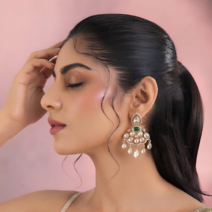 Polki Diamond Look Chandbali Earrings with Emerald Green Stone