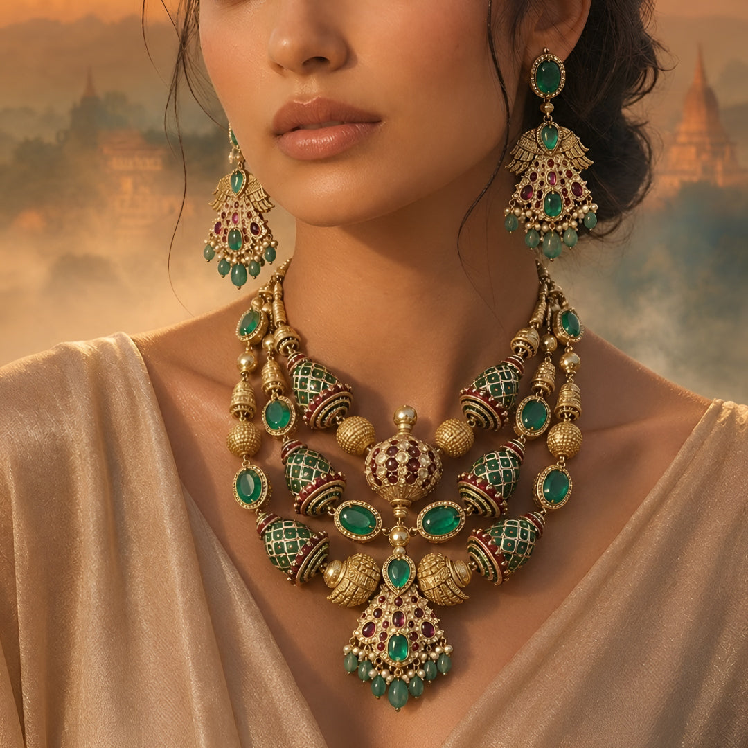 "Antique gold plated kundan polki bridal necklace set with emerald and ruby stones, peacock wing pendant design, and matching jhumka earrings"