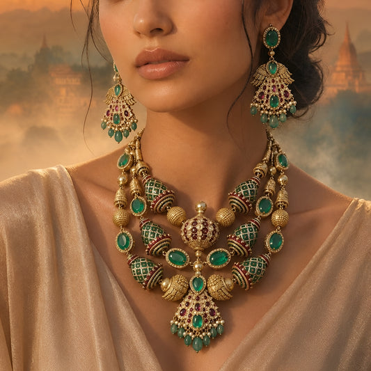 "Antique gold plated kundan polki bridal necklace set with emerald and ruby stones, peacock wing pendant design, and matching jhumka earrings"