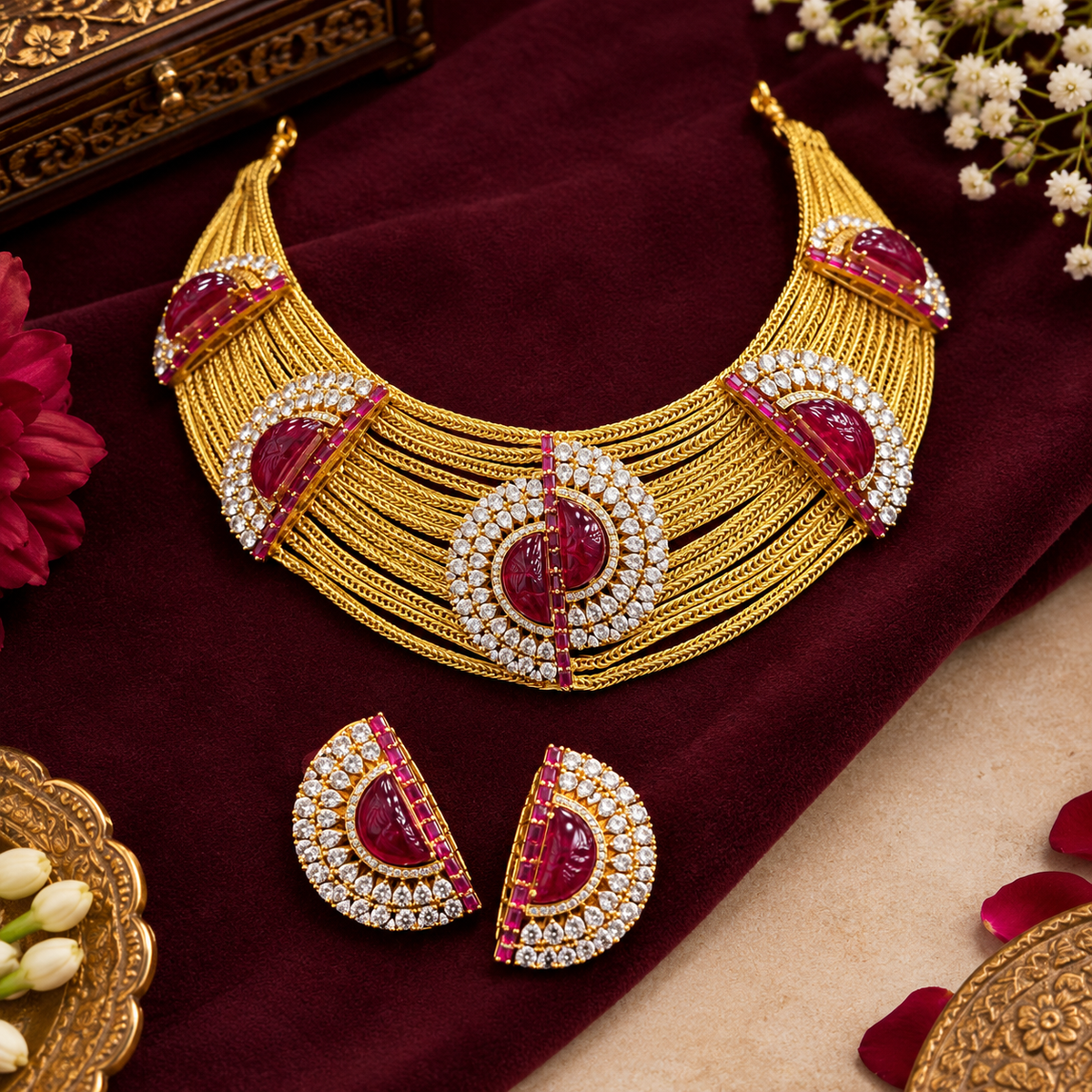 Gold plated ruby red multi-strand choker necklace set with American diamond half-moon medallions and matching earrings