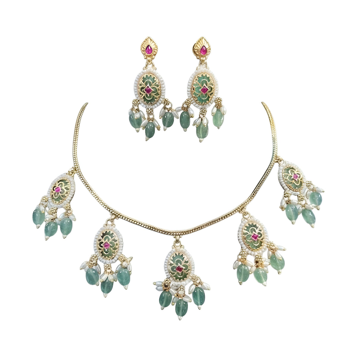 Gold plated mint green oval medallion necklace set with pink stones, green bead and pearl drops and matching earrings on a blue bust