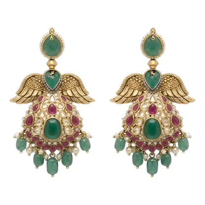"Antique gold plated kundan polki bridal necklace set with emerald and ruby stones, peacock wing pendant design, and matching jhumka earrings"