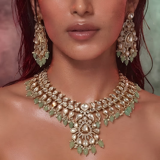 Mint green Kundan necklace set with white stones and matching earrings
