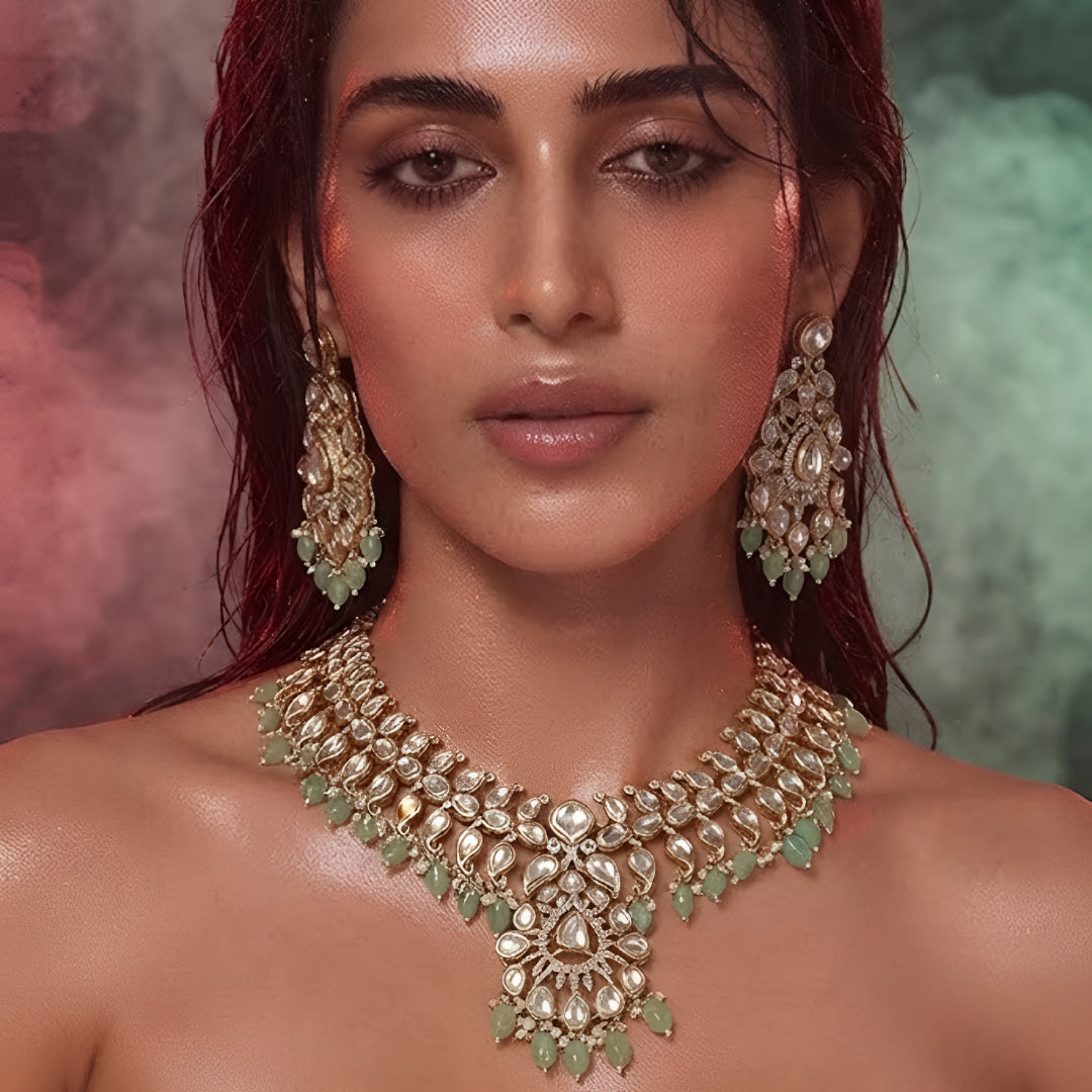 Mint green Kundan necklace set with white stones and matching earrings