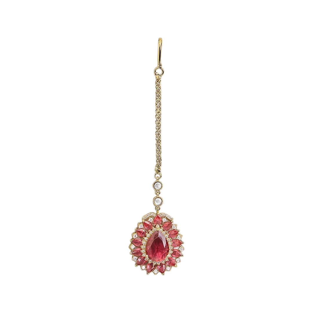 Gold finish American diamond maang tikka with ruby pink pear centre stone, pink marquise floral border, zircon accents and delicate chain – Auraa Trends