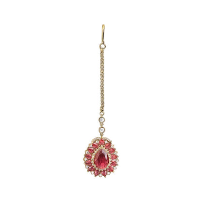 Gold finish American diamond maang tikka with ruby pink pear centre stone, pink marquise floral border, zircon accents and delicate chain – Auraa Trends