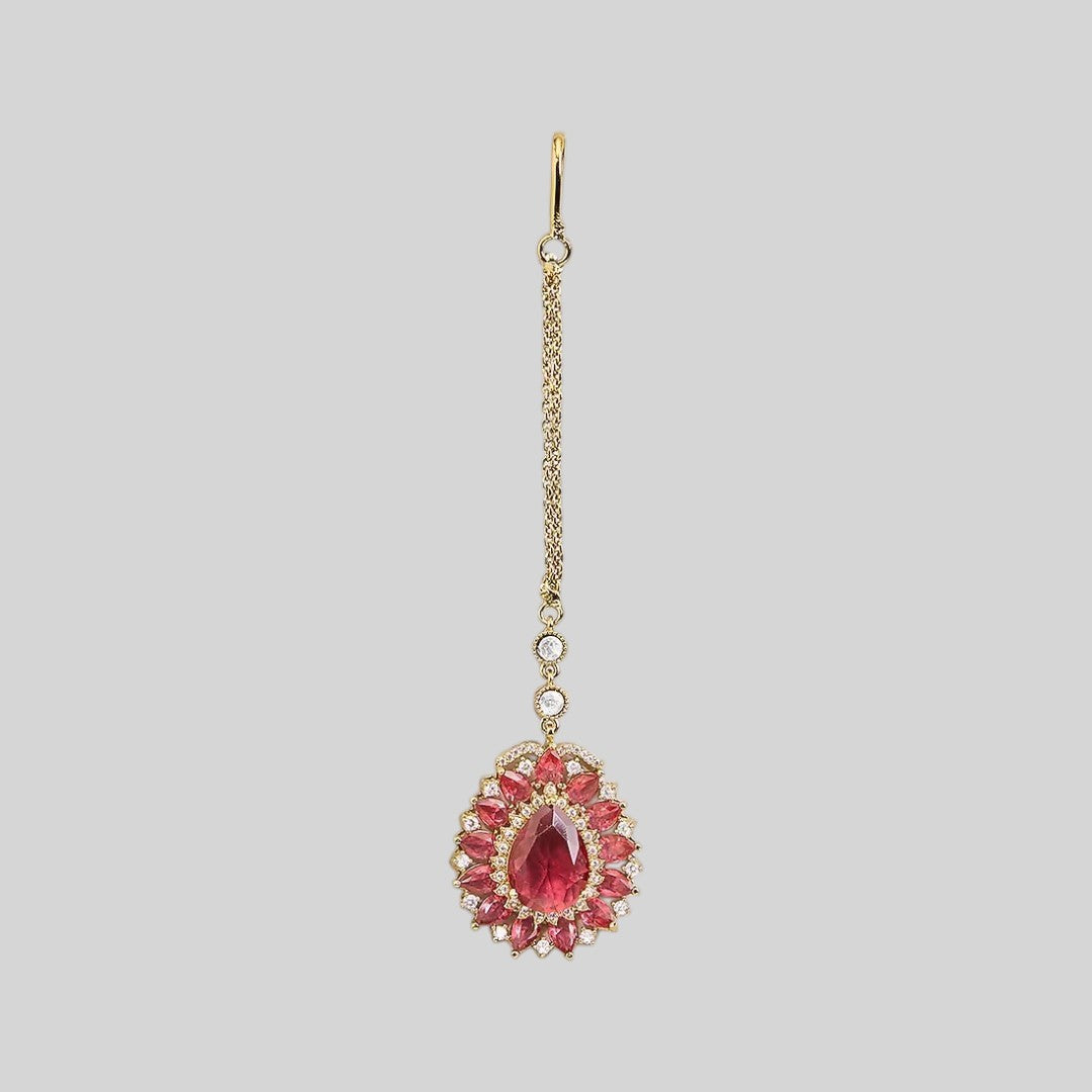 Gold finish American diamond maang tikka with ruby pink pear centre stone, pink marquise floral border, zircon accents and delicate chain – Auraa Trends