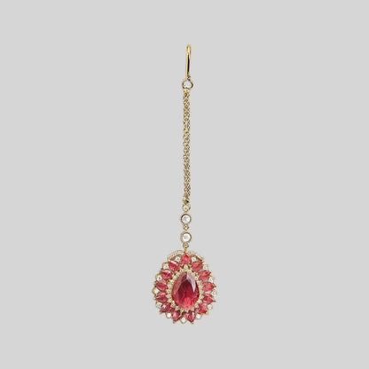 Gold finish American diamond maang tikka with ruby pink pear centre stone, pink marquise floral border, zircon accents and delicate chain – Auraa Trends