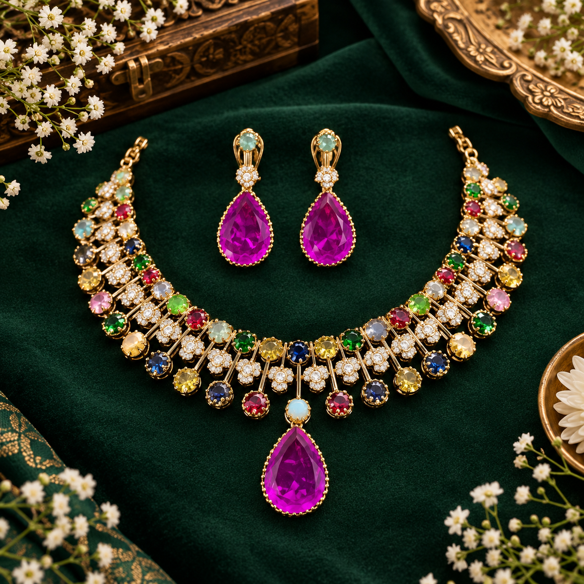Antique gold navratna-style multicolour stone necklace set with large magenta pink pear pendant, zircon flower accents and matching pink drop earrings