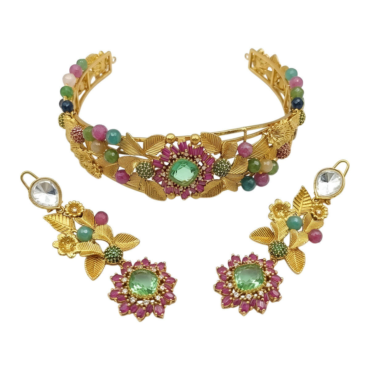 Antique gold rigid choker with leaf and flower design, ruby-pink baguette flower, mint-green centre stone and multicolour beads with matching drop earring on a grey display bust