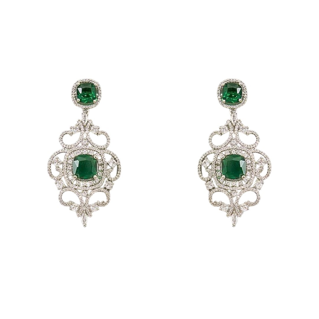 Silver finish American diamond choker necklace set with emerald green stones, pear drops, zircon flower motifs and matching scrollwork drop earrings – Auraa Trends