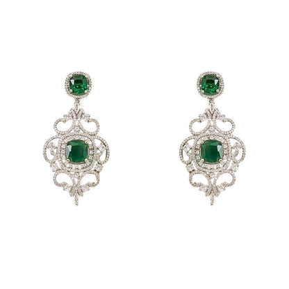 Silver finish American diamond choker necklace set with emerald green stones, pear drops, zircon flower motifs and matching scrollwork drop earrings – Auraa Trends