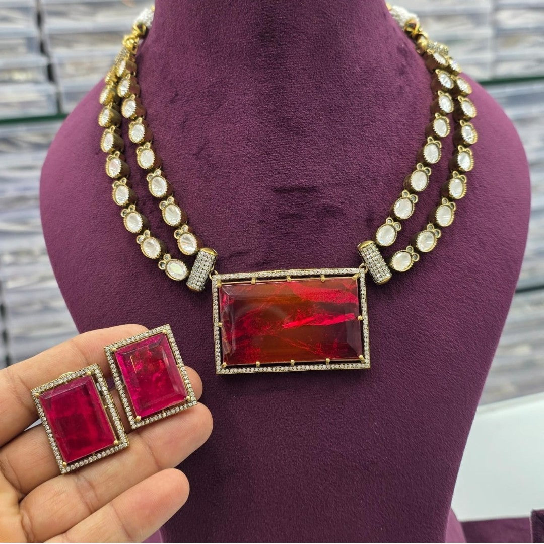 Red Crystal Pendant Necklace Set with Earrings Gold Plated Statement