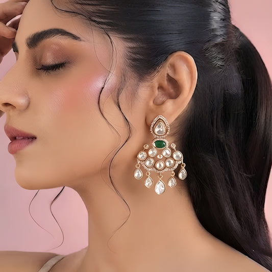 Polki Diamond Look Chandbali Earrings with Emerald Green Stone