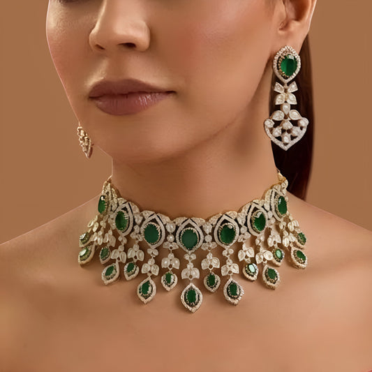 Emerald green and white kundan style bridal choker necklace with layered zircon marquise drops