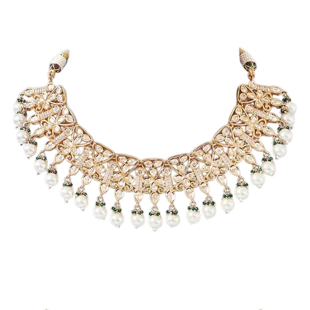 Kundan floral choker necklace set with pearl drops and matching jhumka earrings