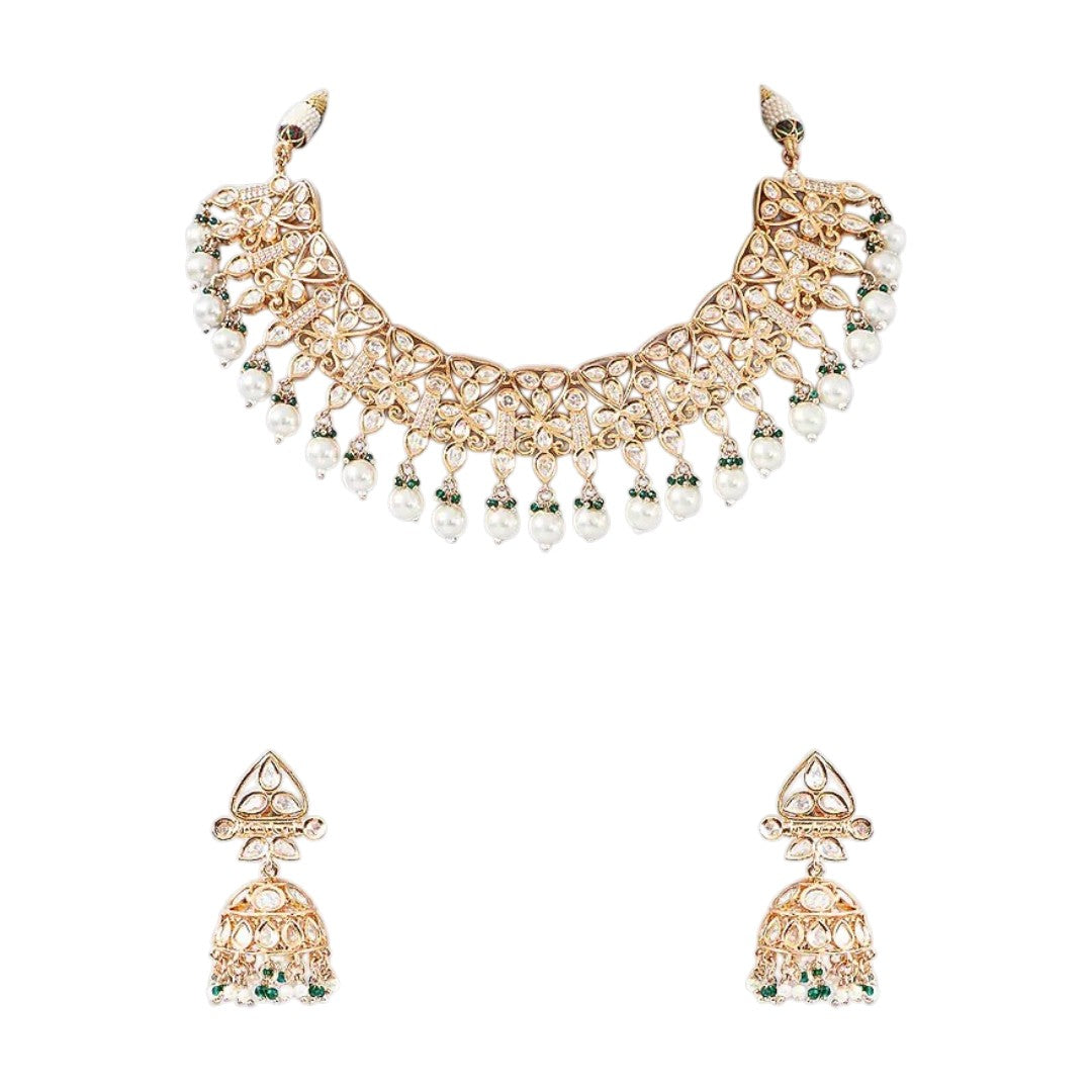 Kundan floral choker necklace set with pearl drops and matching jhumka earrings