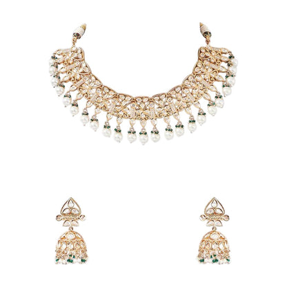 Kundan floral choker necklace set with pearl drops and matching jhumka earrings