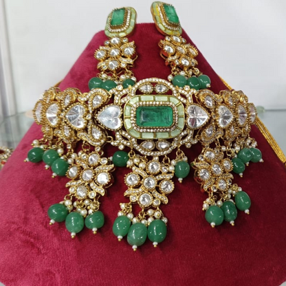 "Gold-plated kundan choker necklace set with green beads and matching earrings – traditional Indian jewelry for women"