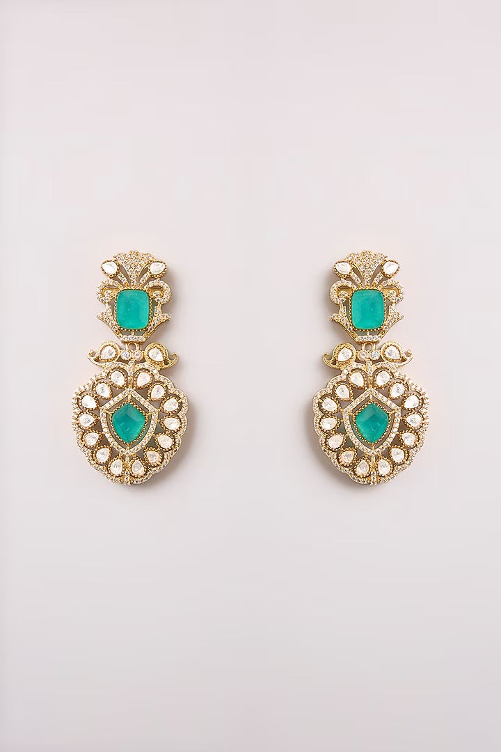 Gold-plated American diamond necklace set with emerald green stones and matching earrings for women, perfect for bridal, wedding, festive, and party wear.