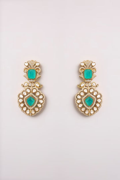 Gold-plated American diamond necklace set with emerald green stones and matching earrings for women, perfect for bridal, wedding, festive, and party wear.