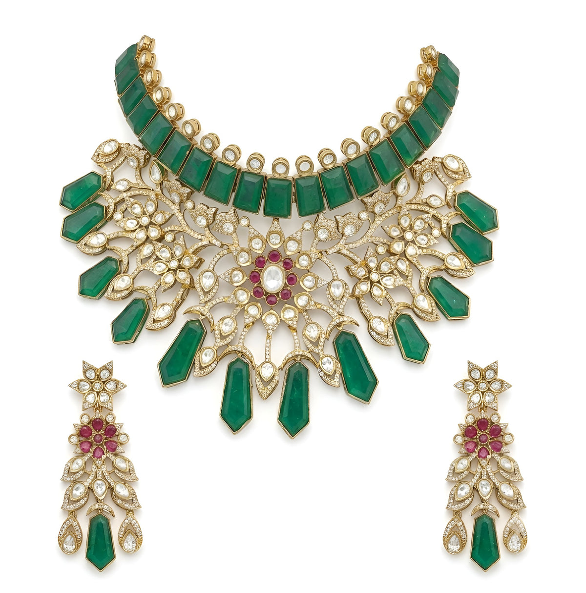 Gold plated emerald green kundan bridal choker necklace set with ruby-pink flower centre, green drops and matching chandelier earrings