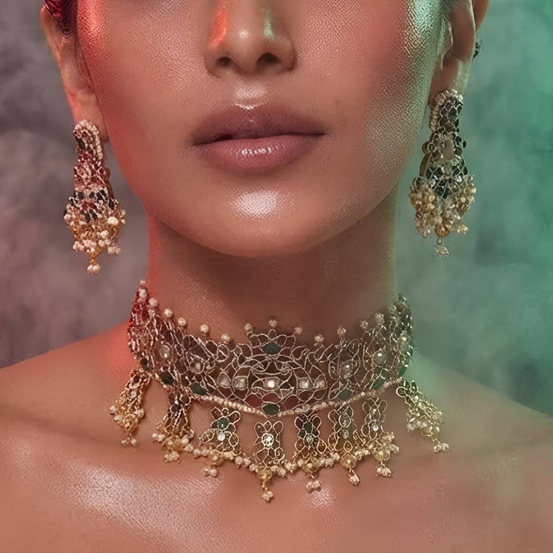 Traditional red green stone gold-tone choker necklace set with matching earrings
