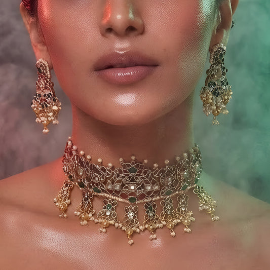 Traditional red green stone gold-tone choker necklace set with matching earrings