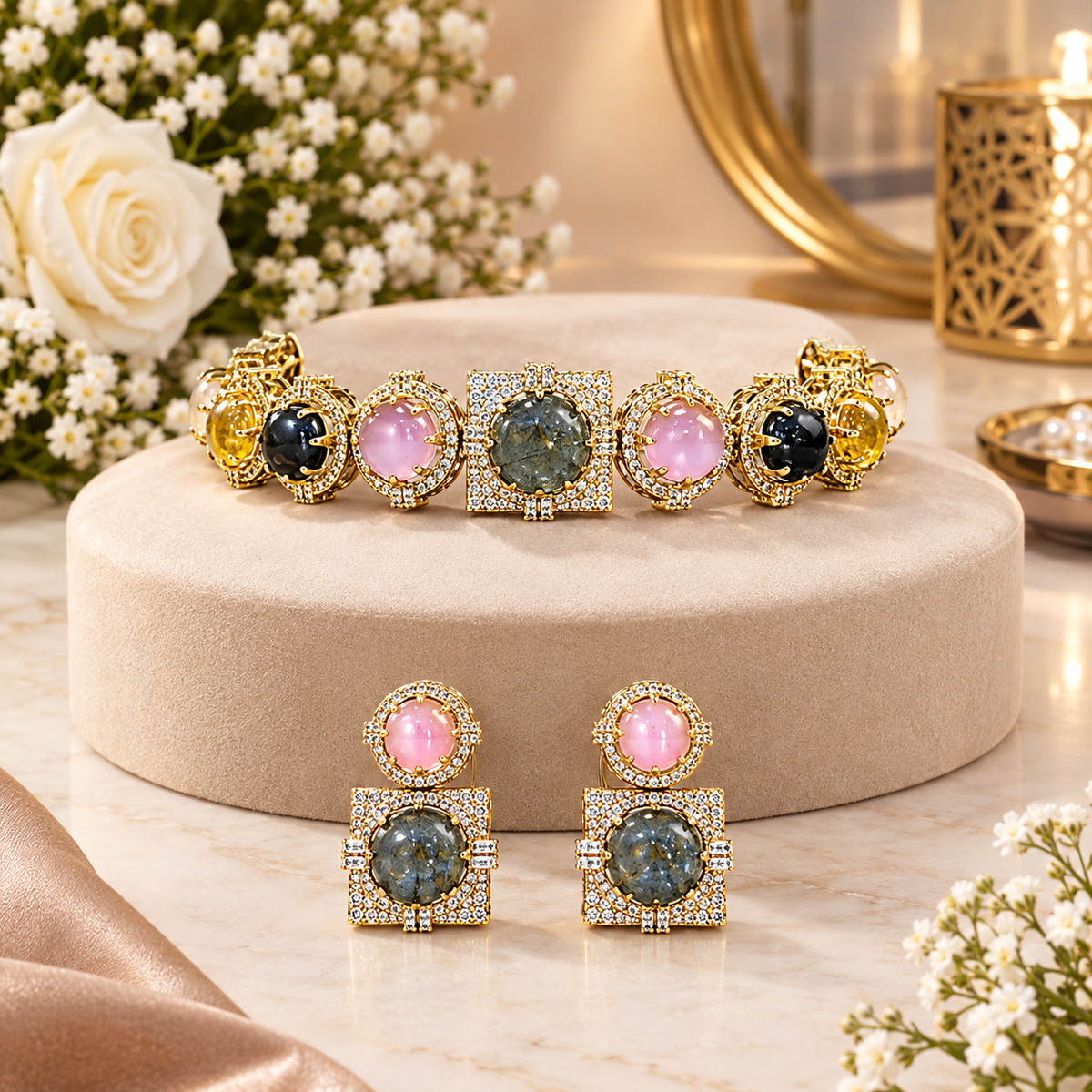 Gold-plated multicolour cabochon choker necklace set with square zircon pavé centre, pink grey and yellow stones and matching two-tier earrings on a display bust