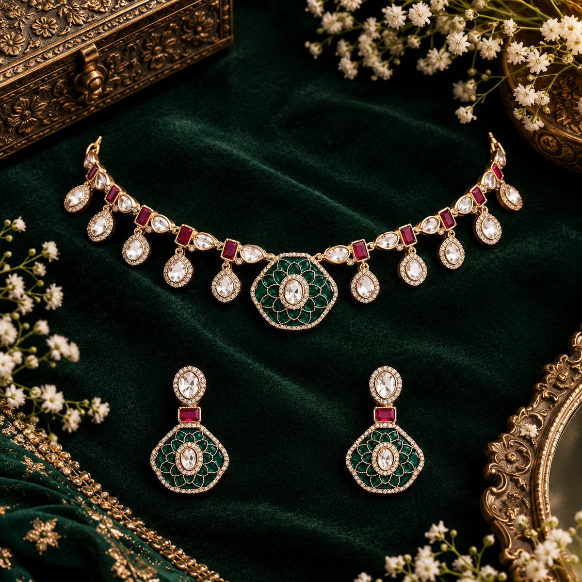 Gold finish kundan choker necklace set with green enamel lotus medallion, ruby red stones, polki-style drops and matching drop earrings – Auraa Trends