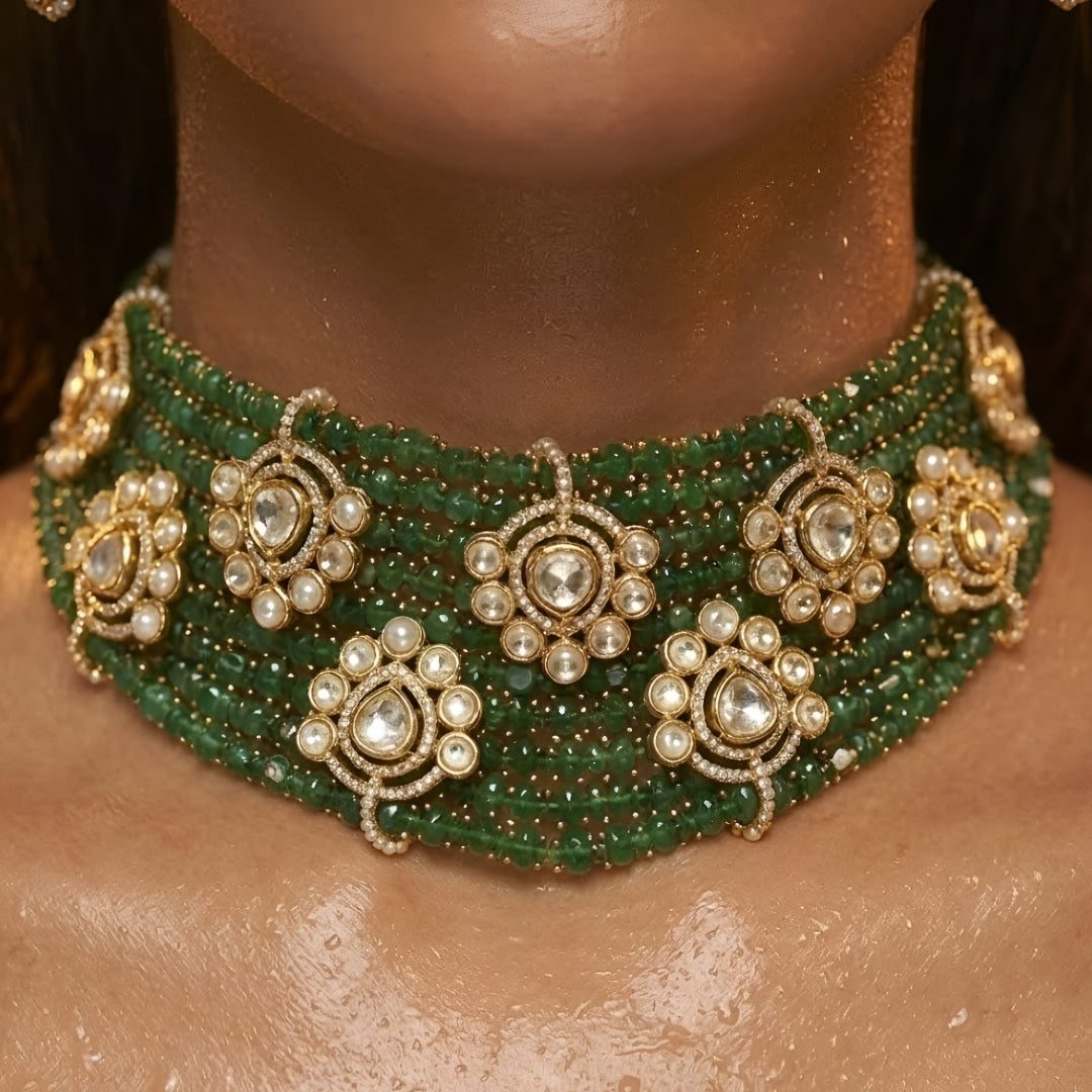 Emerald Green Beaded Kundan Choker Necklace Set with Earrings | Traditional Bridal Jewellery