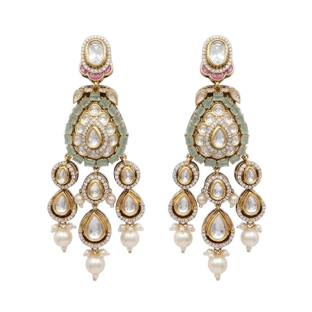 "Antique gold kundan meenakari bridal choker necklace set with pink and mint enamel work and pearl drops, paired with matching jhumka earrings"