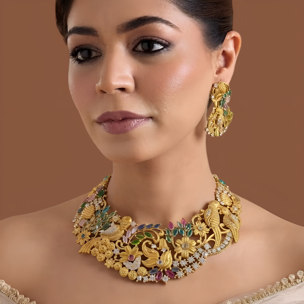 Matching gold bird motif earring with multicolour stones and chain