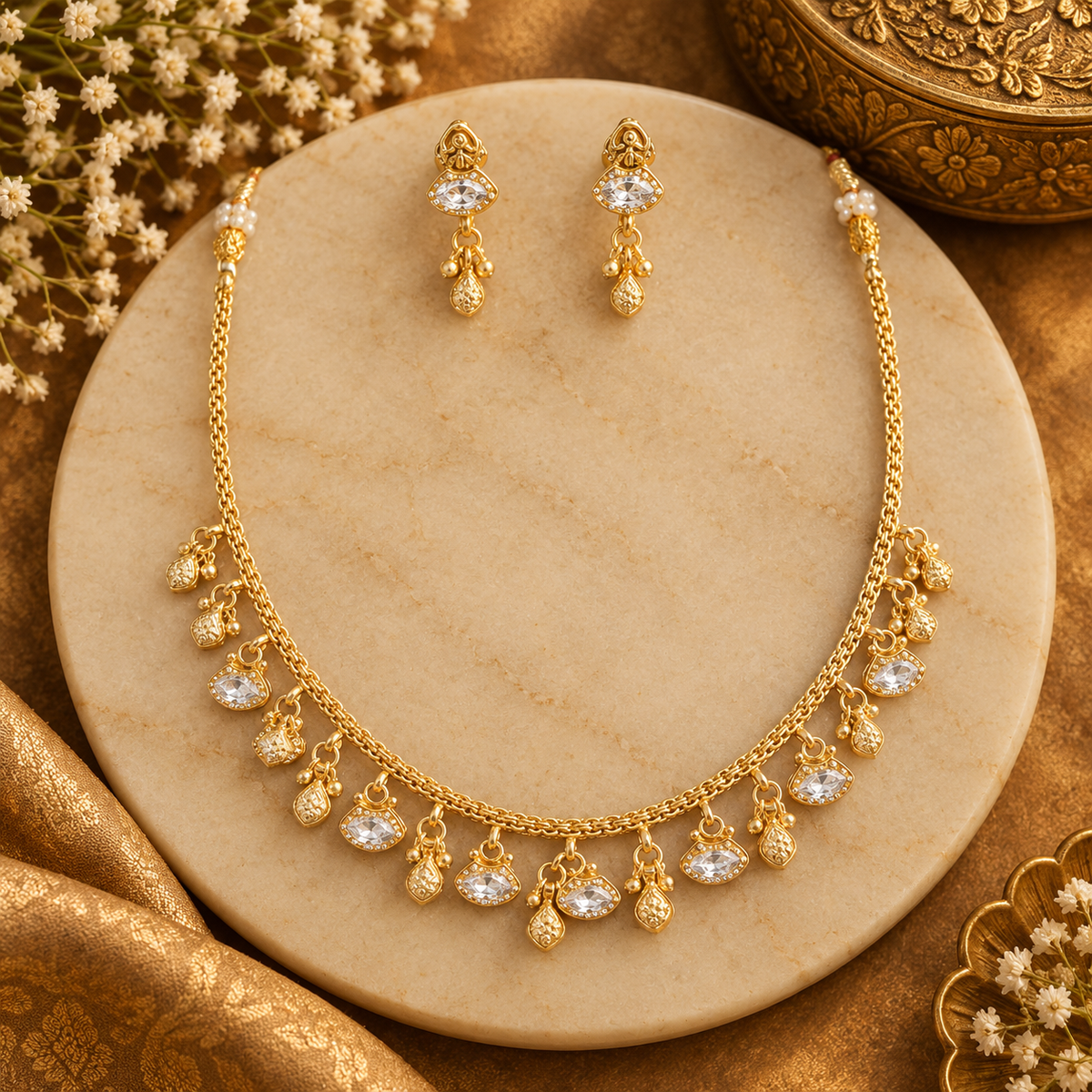Antique gold finish necklace set with clear marquise polki stone charms and gold bead drops