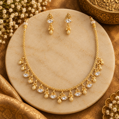 Antique gold finish necklace set with clear marquise polki stone charms and gold bead drops