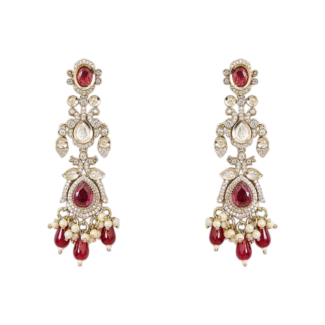 "Antique gold Kundan net choker necklace with ruby red stones and pearl bead drops, matching chandelier earrings"