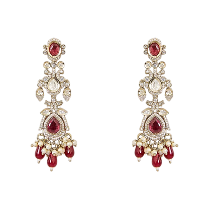 "Antique gold Kundan net choker necklace with ruby red stones and pearl bead drops, matching chandelier earrings"