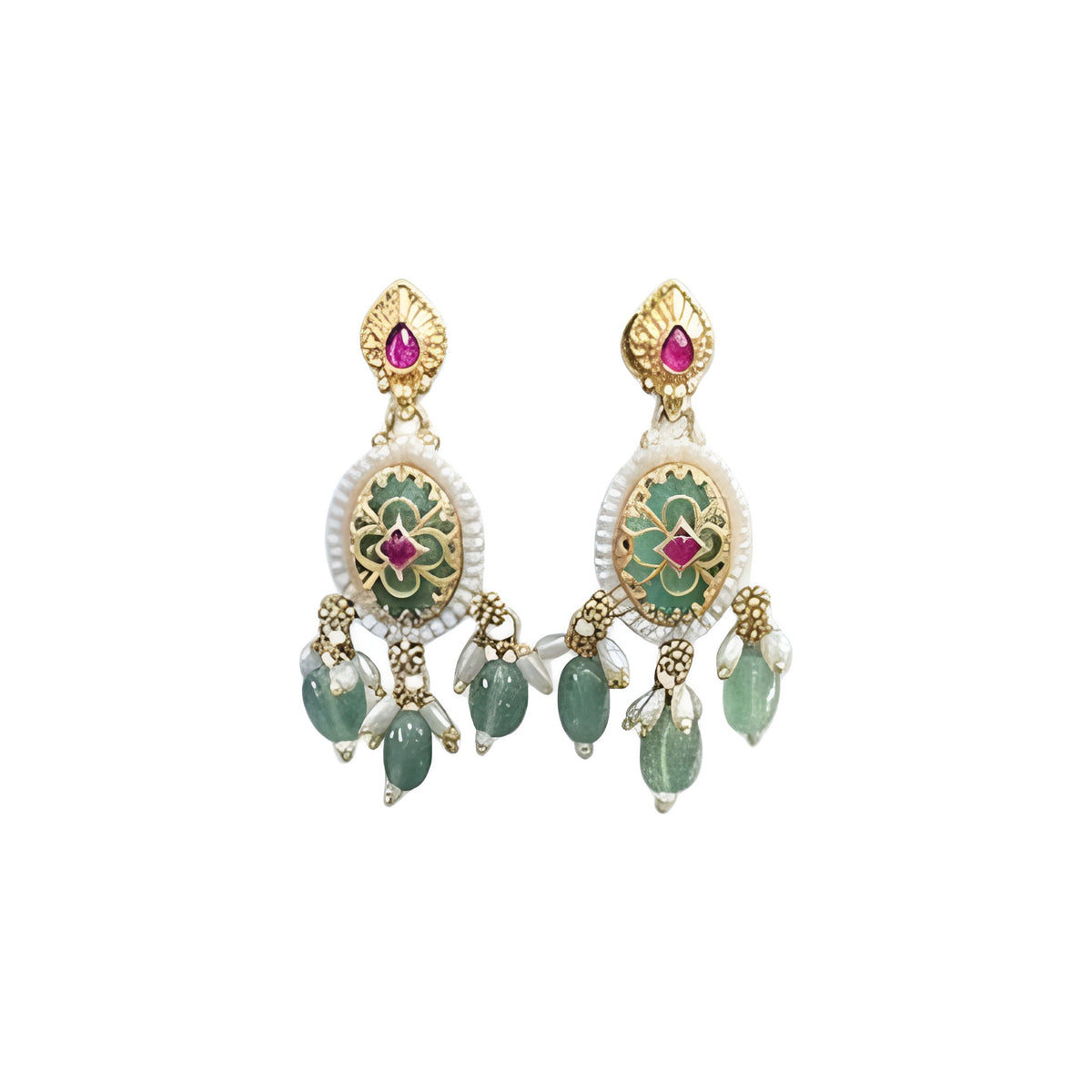 Gold plated mint green oval medallion necklace set with pink stones, green bead and pearl drops and matching earrings on a blue bust