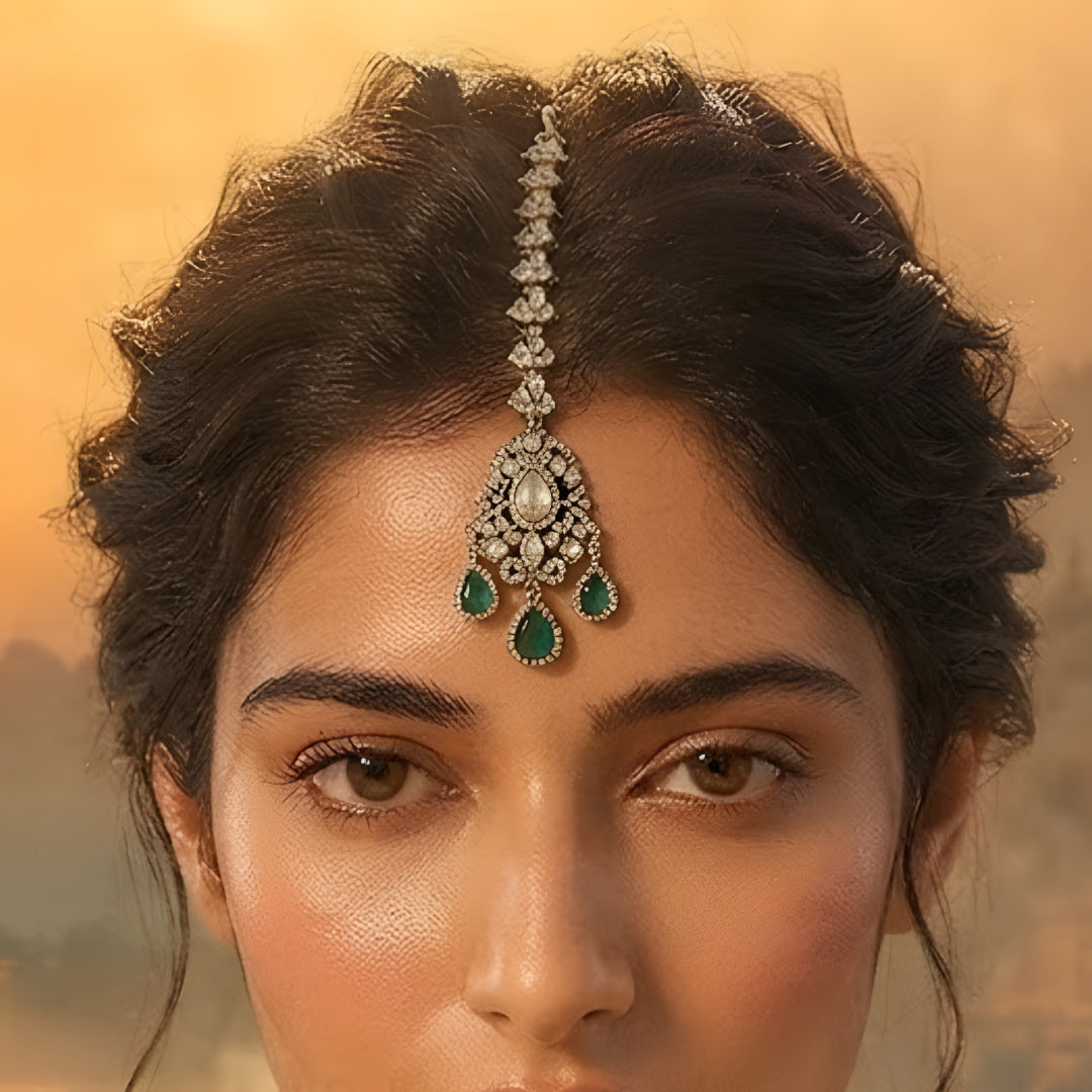 Triangle Kundan Maang Tikka – Gold Bridal Head Jewelry with Emerald Green Drops, Pear-Cut Stone Chain, Indian Tikka