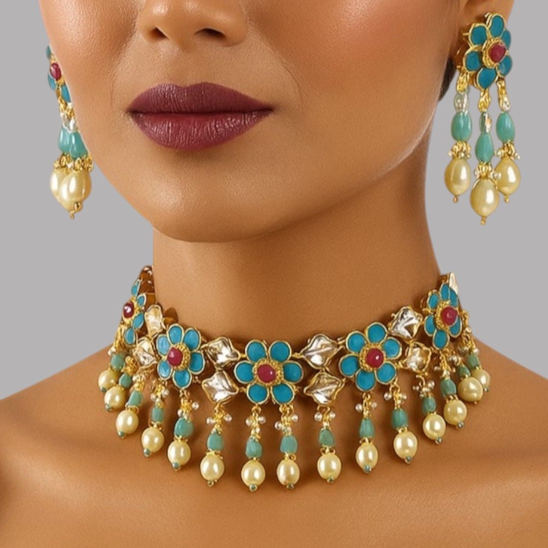 Floral Kundan Choker Necklace Set with Earrings for Women - Auraa Trends - Necklace Set -  - Auraa Trends - Floral Kundan Choker Necklace Set with Earrings for Women