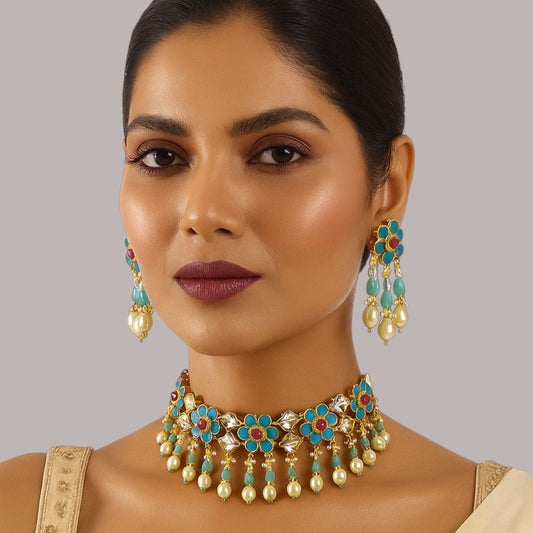Floral Kundan Choker Necklace Set with Earrings for Women - Auraa Trends - Necklace Set -  - Auraa Trends - Floral Kundan Choker Necklace Set with Earrings for Women