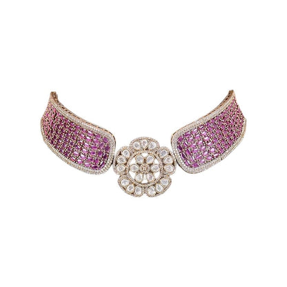 Floral Kundan & Magenta Stone Choker Necklace Set with Circular Drop Earrings for Women - Auraa Trends - Necklace Set -  - Auraa Trends - "Gold - plated magenta choker necklace set with floral kundan motif and round drop earrings – ethnic jewelry for women"