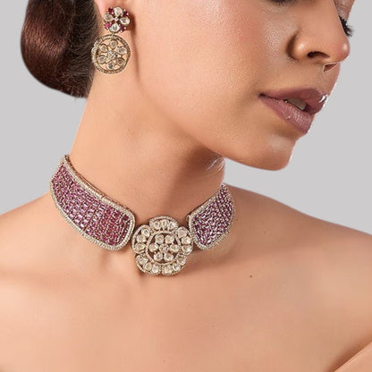 Floral Kundan & Magenta Stone Choker Necklace Set with Circular Drop Earrings for Women - Auraa Trends - Necklace Set -  - Auraa Trends - "Gold - plated magenta choker necklace set with floral kundan motif and round drop earrings – ethnic jewelry for women"