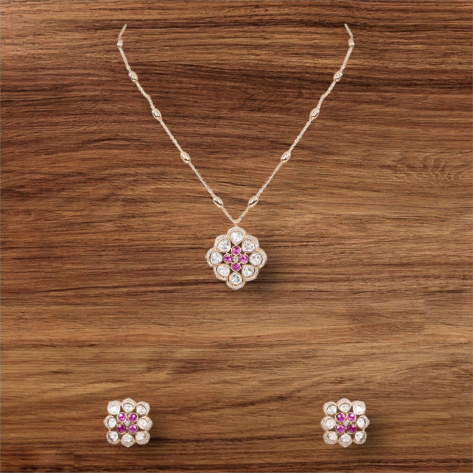 Floral Kundan Pendant Necklace and Earring Set - Auraa Trends - Pendant - # - Auraa Trends - Floral Kundan Pendant Necklace and Earring Set