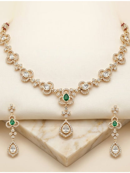 Gold-Plated Green Stone & American Diamond Necklace Set with Matching Drop Earrings for Women